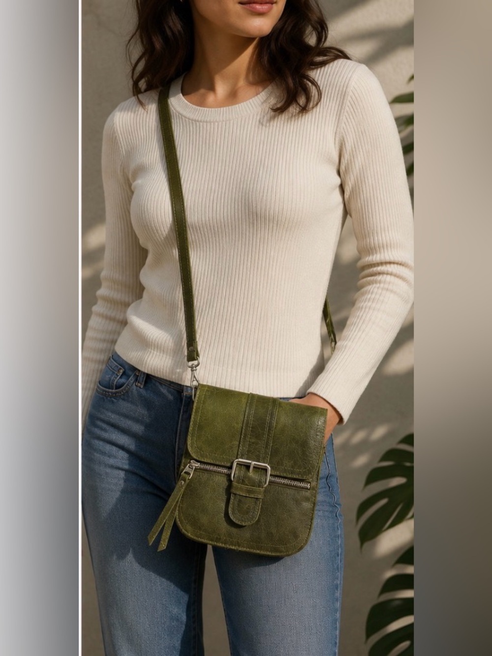 Tano Olive Green Leather Crossbody Bag with Front Buckle